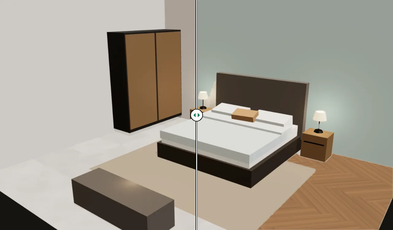 The same bedroom before and after: a new herringbone wood floor and a sage-green wall